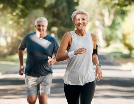 Retirement, couple and running fitness health for body and heart wellness with natural ageing. Married, mature and senior people enjoy nature run together for cardiovascular vitality workout