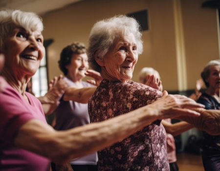 Active seniors engaging in a fun group activity. (Generative AI)